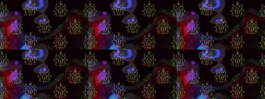 Parlak çiçekli kolaj çiçekleri siyaha boyanmış. Çiçek tasarımı için inanılmaz bir kolaj cenneti tarzı. Çiçekli zambaklar eskiz arka planı.