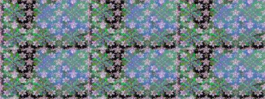 Kusursuz bir arka plan modeli. Raster illüstrasyonu. Suluboya, elle çizilmiş. Yeşil yapraklı yabani çiçekler.