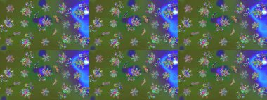 Eskiz arkaplan modeli. Raster - stok. Yapraklı çiçekler ve yeşil renkli papatya çiçekleri..