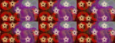 Raster illüstrasyonu. Kumaş, tekstil, duvar kağıdı baskısı için. Renkli desenli eskiz deseni, mor çiçekler ve dekoratif elementlerle. Eski usul. Taslak arkaplan.