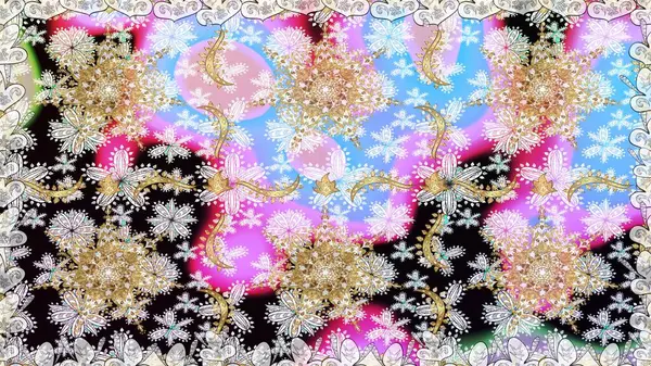 Raster soyut çiçek çelengi altın karalama fantezi yaprakları ve tarafsız renklerde çiçek. El yapımı dekoratif çerçeve, albüm kapağı, tebrik kartı, klasik Art deco tarzı.