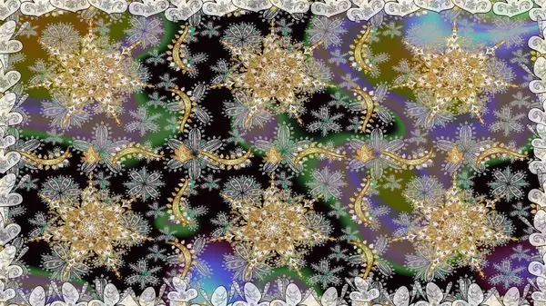 Geleneksel oryantasyon süsü. Gri renkli ve altın elementli altın desenli. Kusursuz klasik raster altın desenli. Klasik vintage arkaplan.