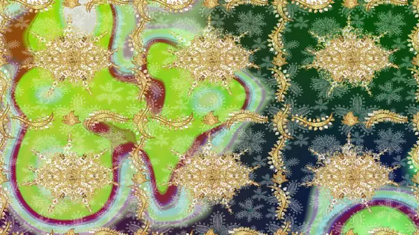 Duvar kâğıdı barok, İspanyol kumaşı. Skeç raster arka planı. Yeşil renkler üzerine grafiksel modern çizim deseni. Çiçek deseni çizimi.