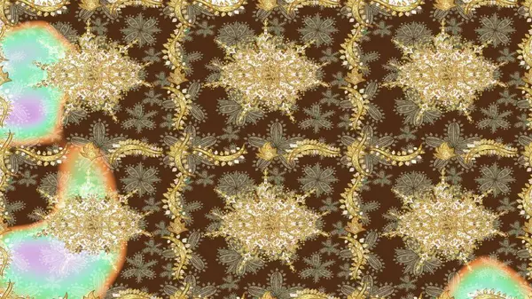 Altın elementli kahverengi renkler. Doğu tarzı arabesk. Çizim altın desenli bukleler. Raster illüstrasyonu. Raster altın desen.