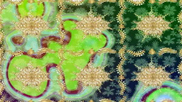 Barok tarzında altın çiçekli süs. Doku arka planında altın duvar kâğıdı. Damask çizimi tekrarlanıyor. Yeşil renkte altın element.