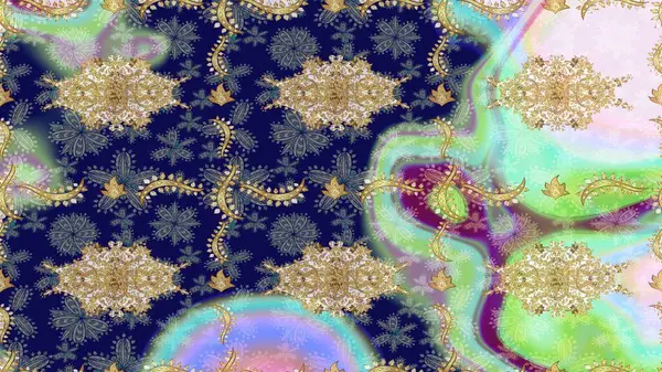 Barok tarzında altın çiçekli süs. Mavi renklerdeki altın element. Doku arka planında altın duvar kâğıdı. Damask çizimi yinelenen arkaplan.