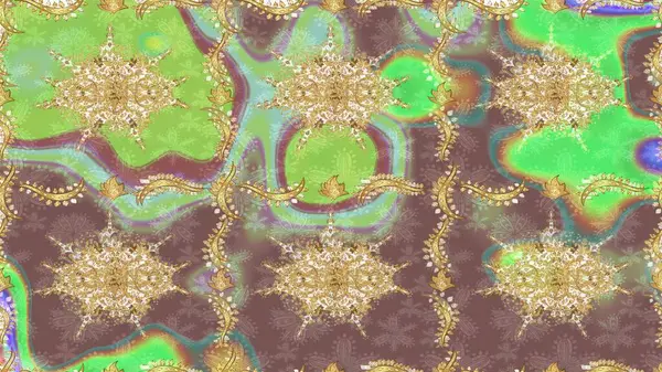 Raster oryantal süs. Altın şablonu çiz. Kahverengi renklerde altın elementlerle çizim deseni.