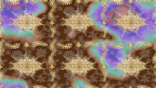 Arkaplan, kumaş, altın duvar kağıdı. Raster Golden eskiz kalıbı. Kahverengi renklerde altın desenler ve altın elementler. Düz elle çizilmiş vintage koleksiyonu.