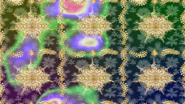 Altın çiçekli yeşil renklerde altın eskiz deseni. Altın renkli çizim çizimi. Raster geometrik arka plan. Senin tasarımın için, duvar kağıdı..