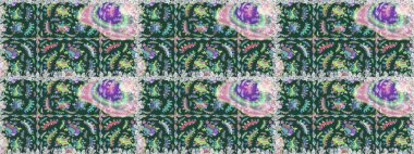 Raster illüstrasyonu. Yumuşak, yeşil ve nötr renklerde bahar çiçekleri. Çiçekli, pürüzsüz bir desen. Raster çiçekleri klasik tarzda resmedilir..