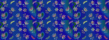 Çiçeksel fantezi tasarımı, parlak bir arka planda, kusursuz bir desen. Renkli Bahar Temalı Kusursuz Arkaplan. Düz Çiçek Elementleri Tasarımı.