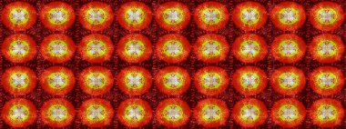 Raster illüstrasyonu. Kar tanelerinin soyut arkaplanlı Noel şablonu. Kırmızı, turuncu ve kahverengi renkler. Noel ve Yeni Yıl moda baskıları için tatil tasarımı.