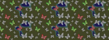Yeşil arka planda kelebek desenli çizim. Kumaş, kağıt, ambalaj kâğıdı ve duvar kağıdı tasarımı için hoş bir arka plan. Raster illüstrasyonu.