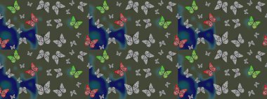 Web sayfası geçmişleri, duvar kağıtları, tekstil ve yüzey dokuları için mükemmel. Şirin Raster çizimi. Kelebekler yeşil renkte çizim yapar.