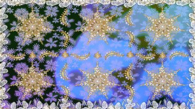 Klasik Raster Golden. Çiçek süsü kumaş deseni, cam, altın elementlerle mavi renklerde çiçek desenli metal..