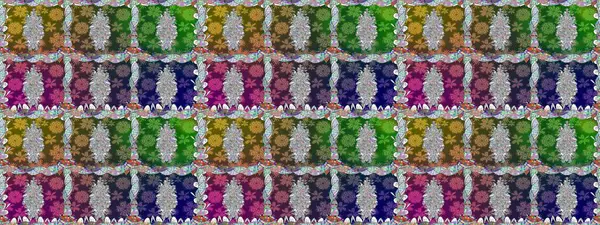 Yeşil renkte etnik çiçeklerle kusursuz bir desen. Asya Tekstil 'inde Raster Çiçek İllüstrasyonu.