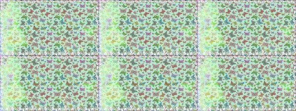 Tarafsız ve yeşil arka planda kelebek. Raster illüstrasyonu. Rastgele, nötr ve yeşil kelebekler sevimli desenler. Davetiye, kart ve parmak izi için basit kadınsı bir model. Kusursuz..