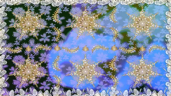 Klasik Raster Golden. Çiçek süsü kumaş deseni, cam, altın elementlerle mavi renklerde çiçek desenli metal..