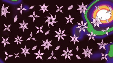 Düz Çiçek Elementleri Tasarımı. Çiçek desenli çizim. Asya tekstil tarzında. Raster illüstrasyonu. Renkli Bahar Teması eskiz kalıbı. Kahverengi renkte çiçekler.