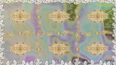 Altın antika ortaçağ dekoratifi, yapraklar ve gri renkli altın desenli süslemeleri olan pürüzsüz bir şablon. Kusursuz kraliyet lüksü, altın barok kumaş rengi..