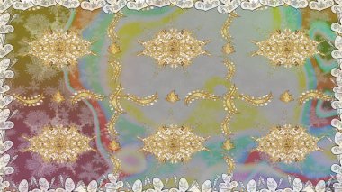 Raster illüstrasyonu. Kart, duvar kağıdı, ambalaj ve tekstil için klasik tasarım. Altın şablon. Tarafsız renklerde Royal retro. Kusursuz desenli altın elementler. Çiçeksel klasik doku.