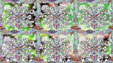 Rengarenk çiçekleri ve doğal renklerde yaprakları olan harika, pürüzsüz çiçek deseni. Moda baskıları için zarif bir şablon. Modern çiçek arkaplanı. Halk stili.