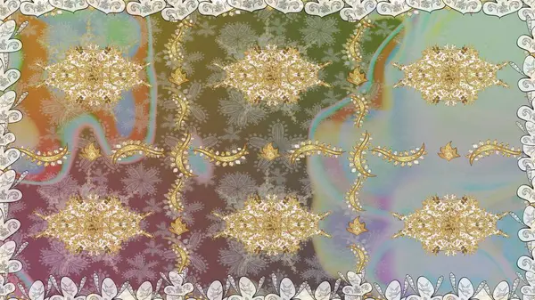 Geleneksel raster ve altın desen. Damask pürüzsüz süsü. Gri renkler üzerinde klasik oryantal desen.