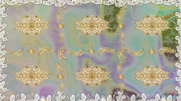 Altın antika ortaçağ dekoratifi, yapraklar ve gri renkli altın desenli süslemeleri olan pürüzsüz bir şablon. Kusursuz kraliyet lüksü, altın barok kumaş rengi..