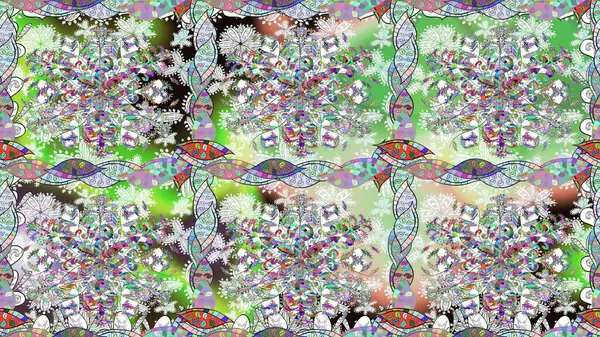 Rengarenk çiçekleri ve doğal renklerde yaprakları olan harika, pürüzsüz çiçek deseni. Moda baskıları için zarif bir şablon. Modern çiçek arkaplanı. Halk stili.