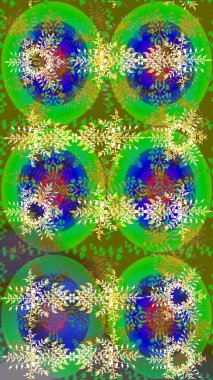 Raster illüstrasyonu. Yeşil, mavi ve sarı kar taneleri. Noel için tatil tasarımı, yeni yıl moda baskıları. Kar tanelerinin soyut arkaplanlı Noel arkaplanı. Güzel tasarım..