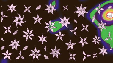 Parlak renkli çiçekleri ve kahverengi renkli yaprakları olan harika bir çiçek deseni. Modern çiçek arkaplanı. Moda baskıları için zarif bir şablon. Halk stili.