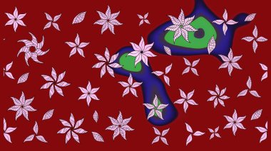 Tekstil, kumaş, ambalaj, hatıra defteri için hoş bir çiçek arkaplanı. Kırmızı arka planda. Elle çizilmiş çiçek desenli Raster çizimi. Çocuksu tasarım.