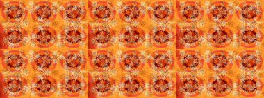 Kar tanelerinin soyut arkaplanı olan şirin bir Noel arkaplanı. Noel ve yeni yıl moda baskıları için tatil tasarımı. Renkler. Raster illüstrasyonu. Turuncu, sarı ve kırmızı kar taneleri.