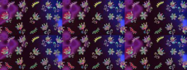 Şirin çiçekli eskiz deseni ve kahverengi, mavi ve mor renkli yapraklar, suluboya çiçek deseni, duvar kağıdı, kart ya da kumaş için fayanslı. Raster illüstrasyonu.