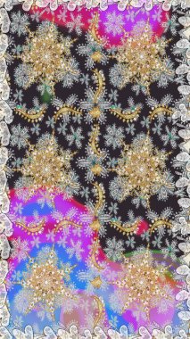 Altın karalama fantezi yapraklarından ve gri renkli çiçeklerden Raster soyut çiçek çelengi. El yapımı dekoratif çerçeve, albüm kapağı, tebrik kartı, klasik Art deco tarzı.