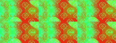 Küçük yeşil, turuncu ve sarı çiçekli oldukça eski bir besin torbası deseni. Millefleur 'lar. Tekstil, kumaş, kapak, duvar kâğıdı, baskı, yapıştırma, örgü, örgü için çiçeksiz arkaplan.