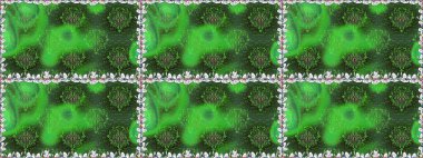 Şirin çiçekleri, desenleri ve yeşil renkleri olan renksiz bir desen. Elle çizilmiş çiçek deseni (fayans). Tekstil için suluboya desensiz.