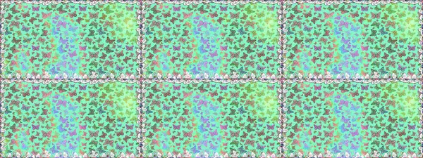 Raster illüstrasyonu. Moda sevimli kumaş tasarımı. Mavi ve yeşil arka planda güzel renkli kelebeklerin Raster vintage el çizimi.