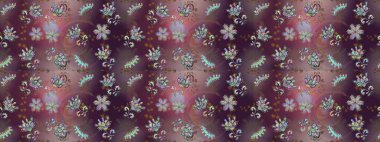 Çiçekli karalama şeklinde Raster çiçek deseni. Nazik, narin çiçek arkaplanı. Kahverengi, mor ve nötr renkte çiçekler.