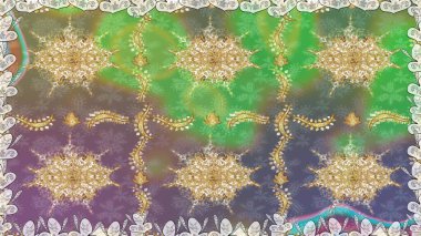 Klasik raster sarısı, kusursuz desen. Çiçek süsü kumaş deseni, cam, çiçek desenli metal altın elementli yeşil renkte.