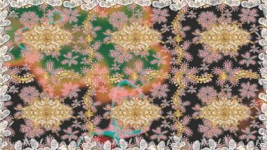 Altın karalama fantezi yapraklarından ve gri renkli çiçeklerden Raster soyut çiçek çelengi. El yapımı dekoratif çerçeve, albüm kapağı, tebrik kartı, klasik Art deco tarzı.