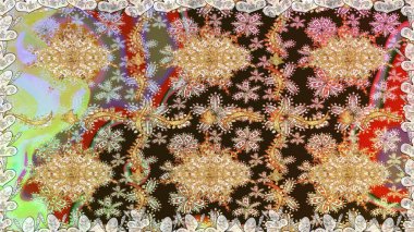 Kahverengi renklerde altın desenler ve altın elementler. Arkaplan, kumaş, altın duvar kağıdı. Düz elle çizilmiş klasik koleksiyon. Raster altın pürüzsüz desen.