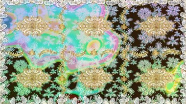 Tarafsız renklerdeki altın desenler ve altın elementler. Süslü dekorasyon. Raster klasik barok çiçeksiz altın desenli. Lüks, kraliyet ve Viktorya dönemi konsepti.