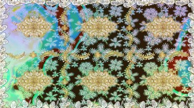 Raster illüstrasyonu. Doğum günü kartı, davetiye ya da afiş için iyidir. Tarafsız renklerde altın. Dekoratif simetri arabesk. Kusursuz ortaçağ çiçek desenleri..