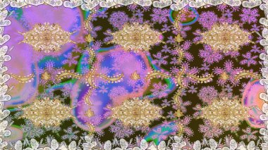 Altın elementlerle nötr renklerde altın desen. Kusursuz desenli oryantal süs. İslam tasarımı. Raster altın tekstil baskısı. Çiçek karoları.