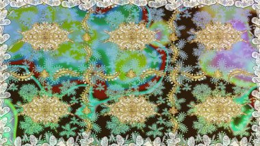 Kusursuz desenli altın elementler. Kart, duvar kağıdı, ambalaj ve tekstil için klasik tasarım. Raster illüstrasyonu. Klasik çiçek dokusu. Tarafsız renklerde Royal retro. Altın şablon.