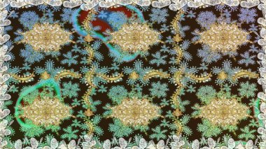 Hassas altın deseni açın. Raster sanatı. Kahverengi renklerde, altın elementlerle kusursuz desen. Doğu tarzı arabesk. Kusursuz altın desenli bukleler. Parlak dantel, stilize çiçekler, şal desenli