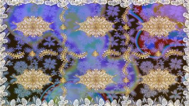 Raster klasik barok çiçeksiz altın desenli. Süslü dekorasyon. Menekşe renginde altın desenli altın elementler. Lüks, kraliyet ve Viktorya dönemi konsepti.