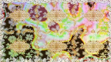 Klasik çiçek dokusu. Tarafsız renklerde Royal retro. Kart, duvar kağıdı, ambalaj ve tekstil için klasik tasarım. Altın şablon. Raster illüstrasyonu. Kusursuz desenli altın elementler.