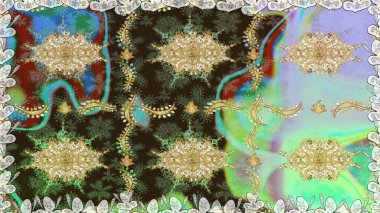 Tarafsız renkler üzerinde klasik oryantal desen. Geleneksel raster ve altın desen. Damask pürüzsüz süsü.